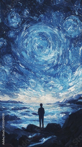 A solitary figure stands on rocky terrain, gazing at a swirling, starry night sky above a turbulent sea.