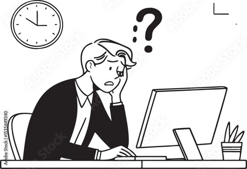 Businessman in a suit at his office desk, thinking with a question mark icon above his head, contemplating a business problem or new idea