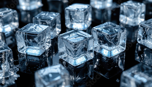 Transparent Ice Cubes Reflecting On Black Surface Under Bright Light	
