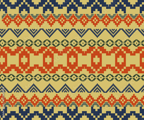 Vibrant ikat-style pixel design with yellow, red, and navy blue. The bold layout captures the spirit of tribal textiles with a contemporary digital flair—great for festive, folk.