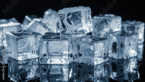 Transparent Ice Cubes Reflecting On Black Surface Under Bright Light	

