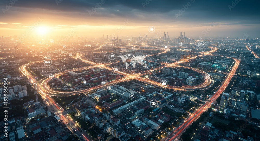 Obraz premium Global Industrial Network: A Gigapixel View - A symbolic depicting global supply chains, industrial interconnectedness, environmental impact, and technological integration.