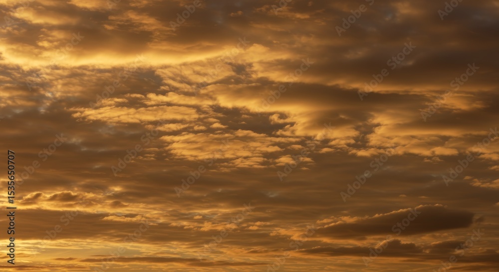 Obraz premium Golden Hour Sky Canvas - Serene sunset, vast sky, swirling clouds, peaceful atmosphere, golden light. Symbolizing tranquility, hope, warmth, dreams, and nature's beauty