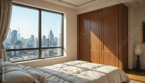 Bright Sunny Bedroom Interior With Wooden Closet And City View Through Window	
