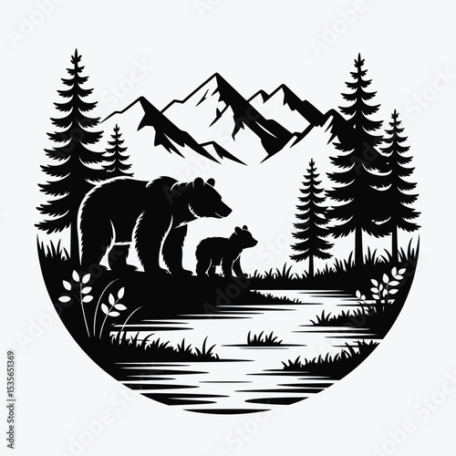 Majestic Mountain Bears Black and White Wildlife Illustration