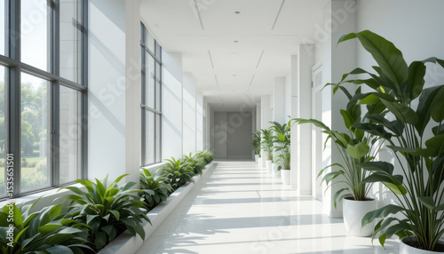 Modern Architectural Interior Hallway With Large Windows and Green Plants in White Space	
