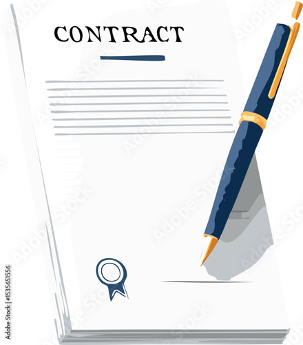 3D isometric vector of a legal contract with a pen and signature line. Perfect for business agreements, legal visuals, and official documents.