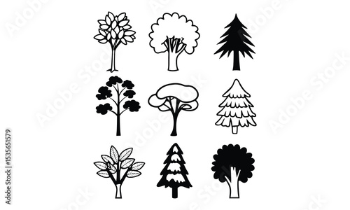 Collection of various tree illustrations in black and white