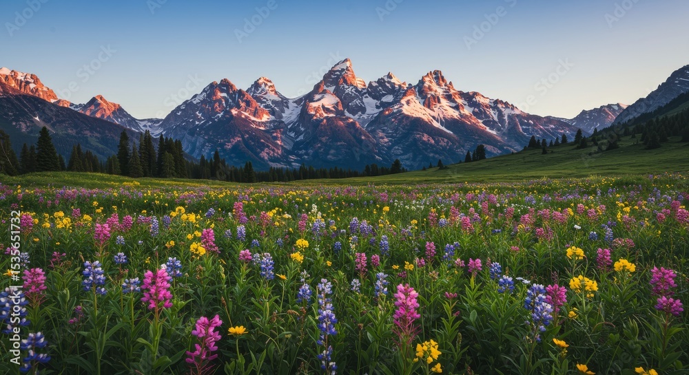 Obraz premium Majestic Mountain Meadow Wildflower Bloom - Serene landscape, vibrant wildflowers, majestic mountains, sunrise, nature's beauty. Symbolizing peace, tranquility, abundance, growth, and freedom