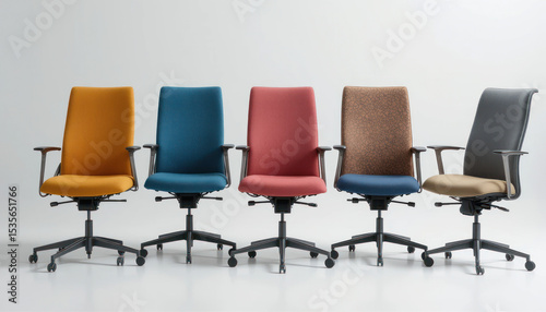 Five Modern Office Chairs In Different Colors Against A Clean White Background	
