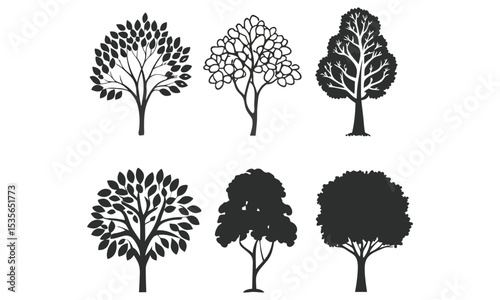 Collection of various tree illustrations in black and white