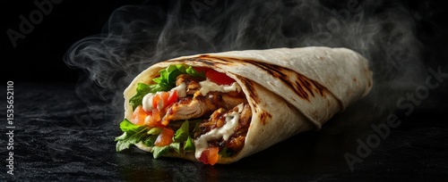 Food photography of a shawarma wrap with chicken, salad, and tomato sauce, wrapped in a white tortilla on a black background with smoke coming out of it