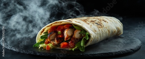 Food photography of a shawarma wrap with chicken, salad, and tomato sauce, wrapped in a white tortilla on a black background with smoke coming out of it