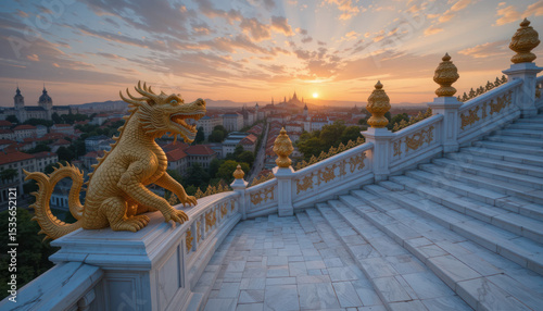 Ornate Golden Dragon Statues on White Marble Bridge Staircase at Sunset Overlooking City	
