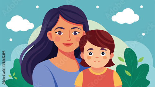 Illustration of Smiling Mother with Dark Hair and Her Child Against Sky Backdrop