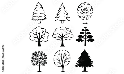 Collection of various tree illustrations in black and white