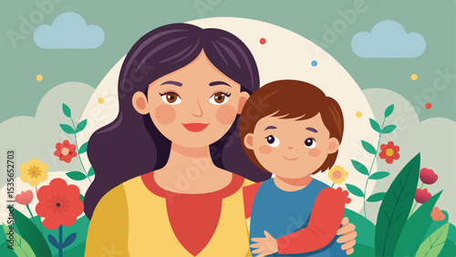 Beautiful Illustration of a Mother and Child Embracing in a Flower Garden Setting