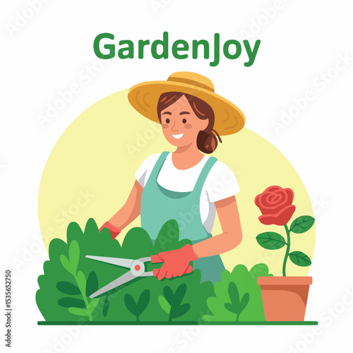 Happy woman gardener trimming green bushes and plants in a sunny garden rose cute bloom hobby fresh image summer joyful