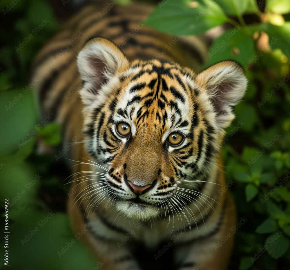 Fototapeta premium Cute Tiger Cub in Lush Jungle - High-Detail Wildlife Photography