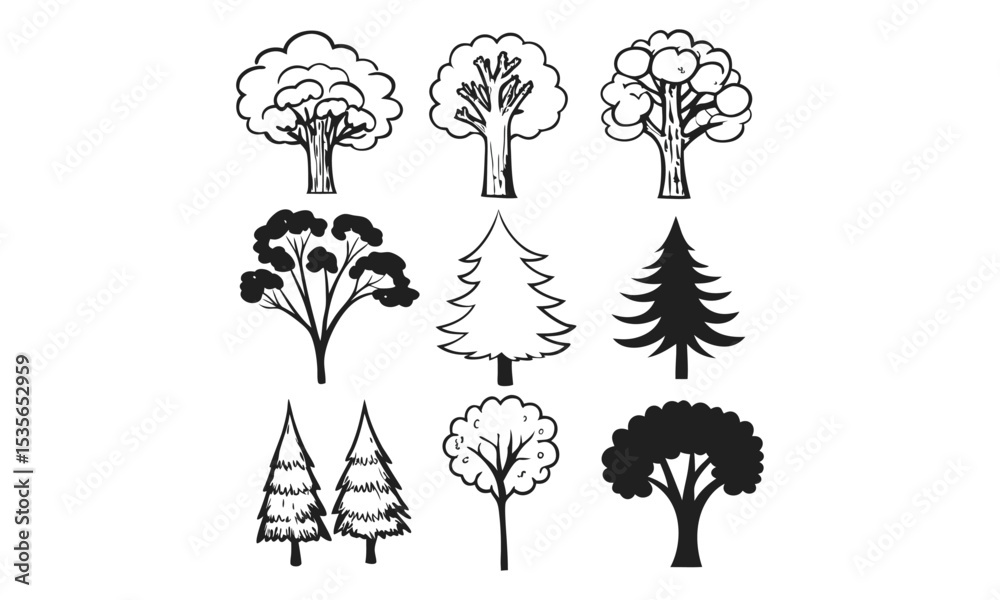 Fototapeta premium Collection of various tree illustrations in black and white