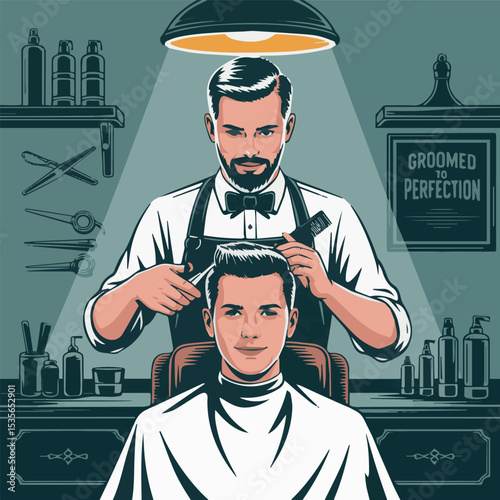 Vintage barber shop illustration stylish haircut professional hairdresser classic design retro style barbering man grooming
