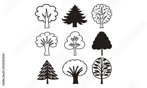 Collection of various tree illustrations in black and white