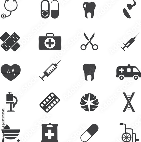 Varied Medical Icons Representing Healthcare Specialties and Tools Depicting Common Medical Equipment, First Aid Supplies, and Dental Care Elements