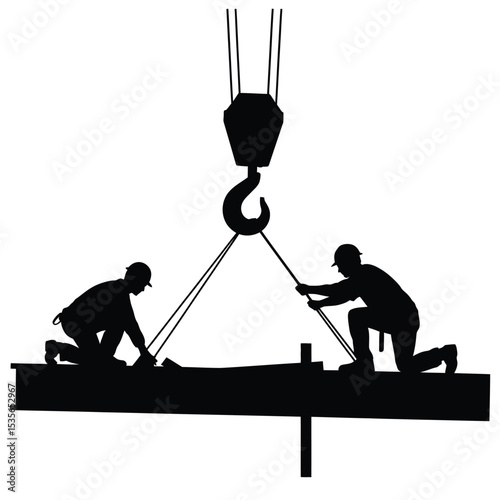 Construction Workers Using Crane for Steel Beam Installation
