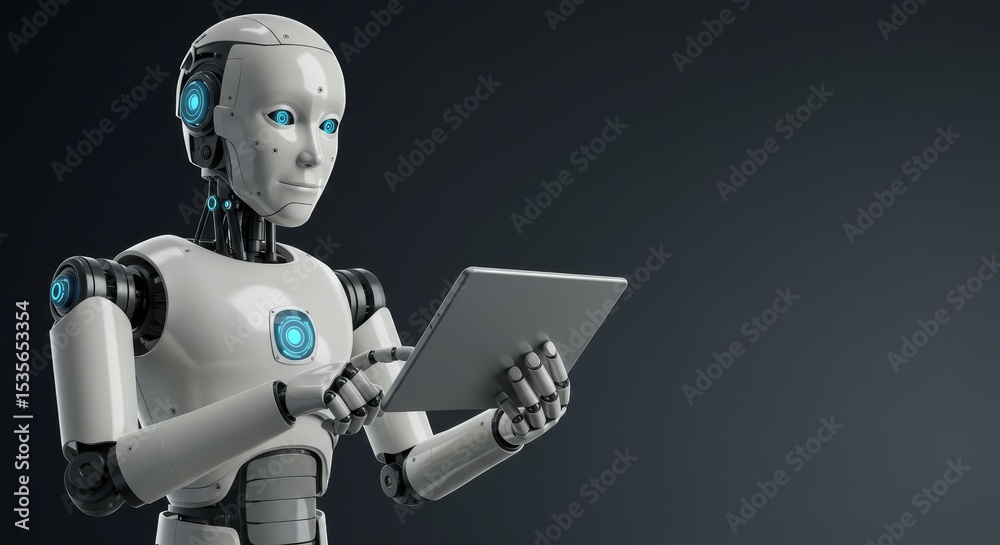 Obraz premium Robot Using Tablet Computer - A futuristic robot uses a tablet computer, showcasing technological advancement and AI integration