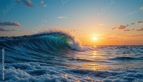 Dynamic Wave Cresting Under Sunset Sky Showcasing Blue And Orange Tones With Sunlight Reflection	
