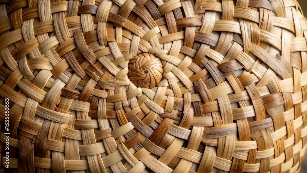 Intricate handwoven basket detail featuring natural materials with a circular woven center point, showcasing artisan craftsmanship and texture.