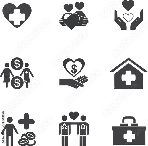 Charitable support through healthcare and donations depicted via various graphics symbolizing care and financial assistance toward those in need, illustrating philanthropy