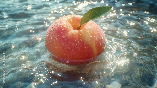 A fresh peach with a green leaf floats on sparkling water, illuminated by sunlight.