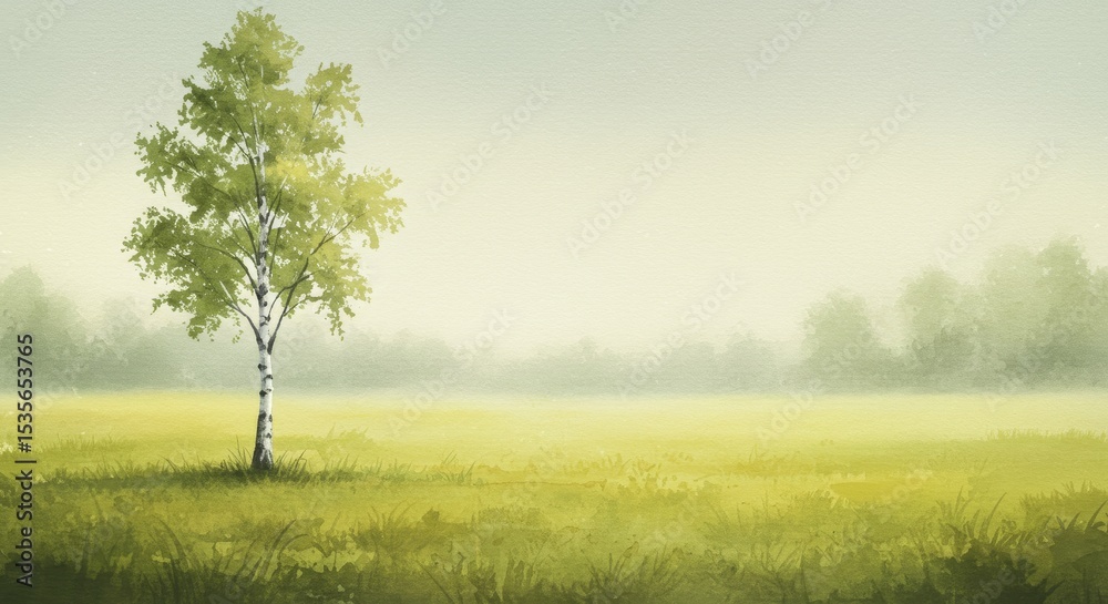 Obraz premium Serene Birch Tree in Misty Meadow - A watercolor painting of a solitary birch tree standing in a tranquil field, symbolizing peace, solitude, resilience, nature's beauty, and hope