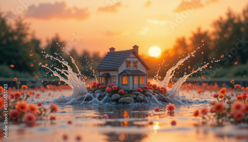 Miniature House Splashing In Water With Orange Sunset And Flowers	
