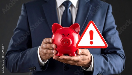 Businessman holding piggy bank with warning sign (1)
