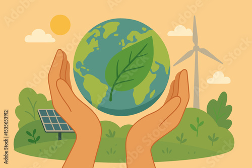 Save the planet concept with hands holding Earth. Sustainable living with renewable green energy, solar panel, and wind turbine. Environmental protection and conservation for Earth Day.