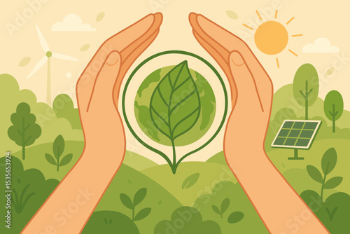 Hands protecting green Earth concept. Sustainable development and environmental conservation. Ecology, nature care vector illustration. Renewable energy with wind turbine and solar panel.