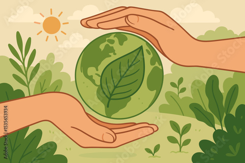 Hands protecting green planet Earth with leaf. Environment conservation and sustainability concept. Ecology, nature care, save the planet metaphor. Earth Day vector illustration background.