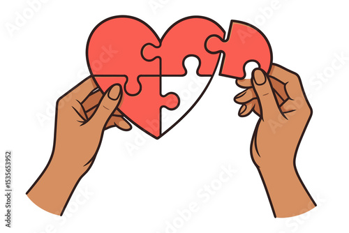 Hands putting together red heart puzzle. Metaphor for mending a broken heart, healing, therapy, and mental health. Concept for love, relationship, charity, teamwork, and solution.