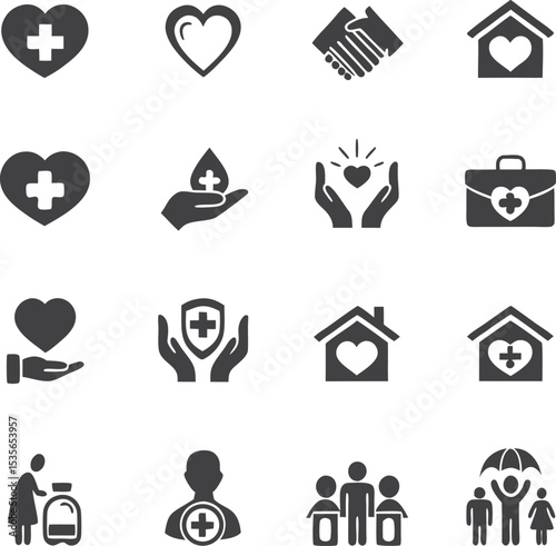 Diverse icons of healthcare, wellness, and community support symbols of compassion, assistance, and unity in health related services and social wellbeing conceptual flat designs