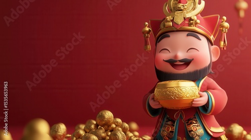 Traditional Chinese figure holding a golden bowl amidst gold coins, symbolizing wealth and prosperity.