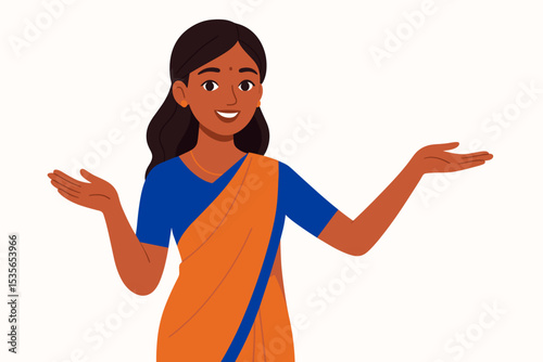 Young smiling Indian woman in traditional sari making a welcome or presenting gesture. Happy beautiful female character with open hands. Concept of greeting, hospitality, invitation.
