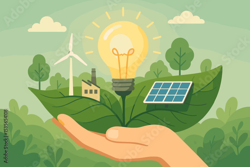 Sustainable energy concept with hand holding a leaf with renewable sources. Wind turbine, solar panel, and light bulb idea. Green power, ecology, and environmental care vector.