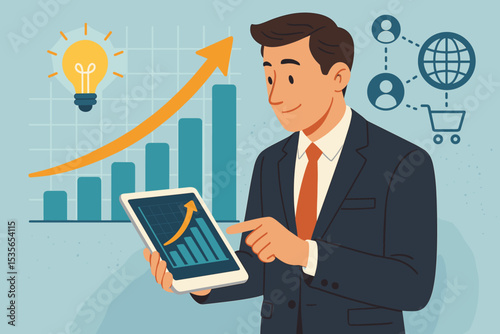 Businessman analyzing business data on a tablet. Concept of financial growth, success strategy, and innovation with an upward chart. Global e-commerce and analytics icons vector.
