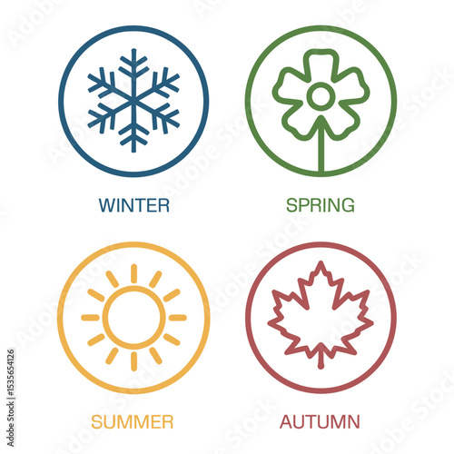 Four Seasons Icons Set, Winter, Spring, Summer, Autumn, vector illustration