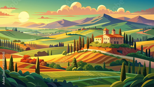 Tuscany landscape panorama at sunrise, Val d'Orcia, Italy .Very beautiful