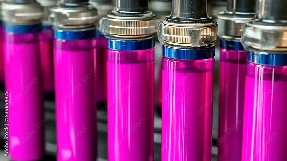 A row of pink bottles with blue caps