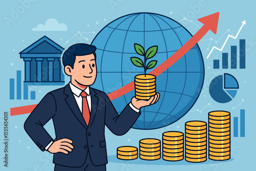 Global economic growth vector illustration. Businessman holds money plant on coins for sustainable investment. Financial success, world economy, stock market chart with rising arrow.