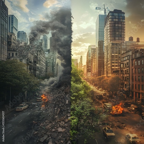 Polluted city versus green, sustainable city